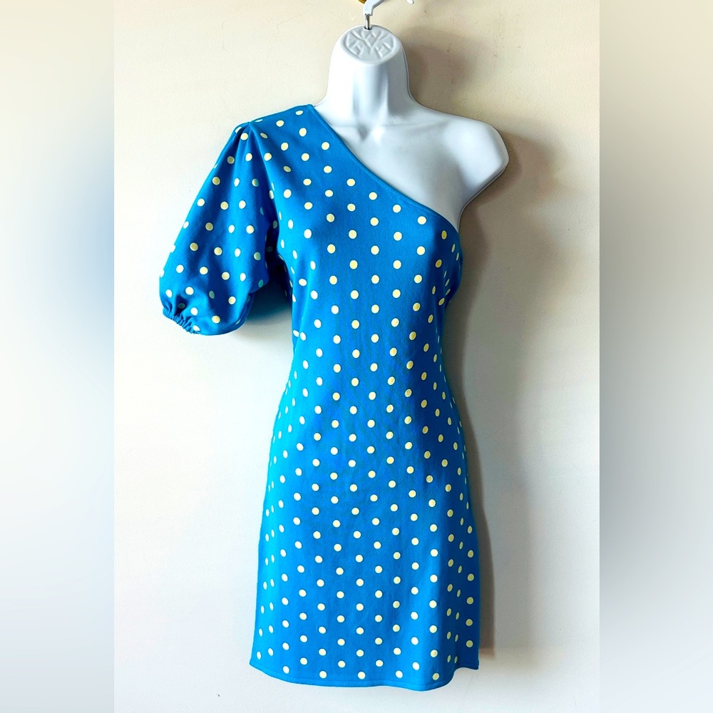 Blue & White Polka Dot One Shoulder Knit Dress By Zara Size L